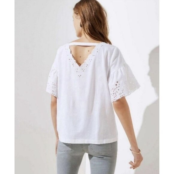 LOFT Blouse White Embroidered Eyelet Short Sleeve Size Medium Linen - Picture 2 of 14